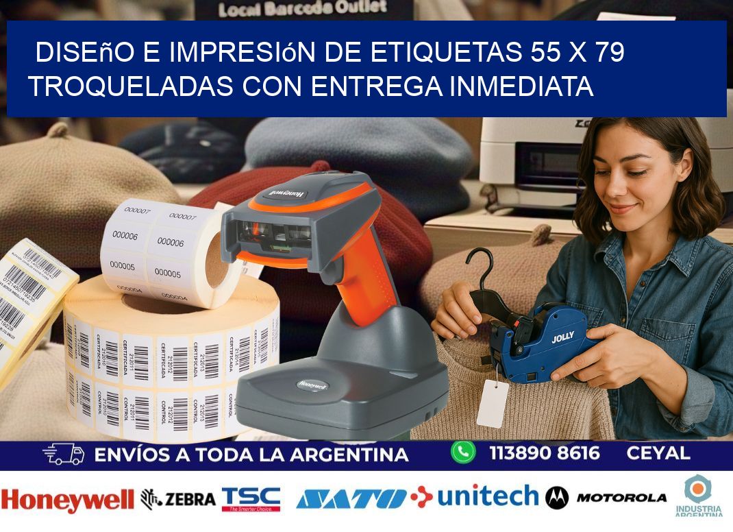 Diseño e impresión de etiquetas 55 x 79 troqueladas con entrega inmediata