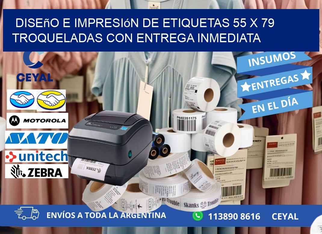Diseño e impresión de etiquetas 55 x 79 troqueladas con entrega inmediata