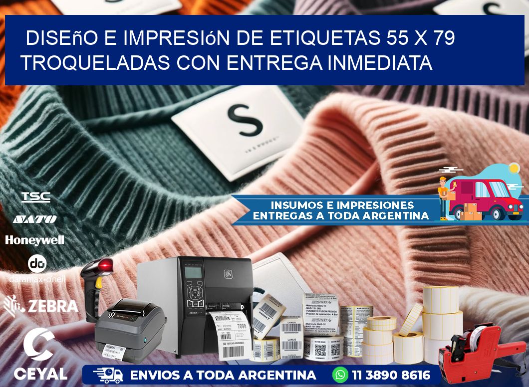 Diseño e impresión de etiquetas 55 x 79 troqueladas con entrega inmediata