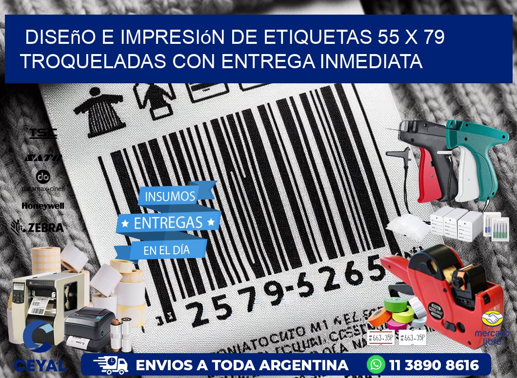 Diseño e impresión de etiquetas 55 x 79 troqueladas con entrega inmediata