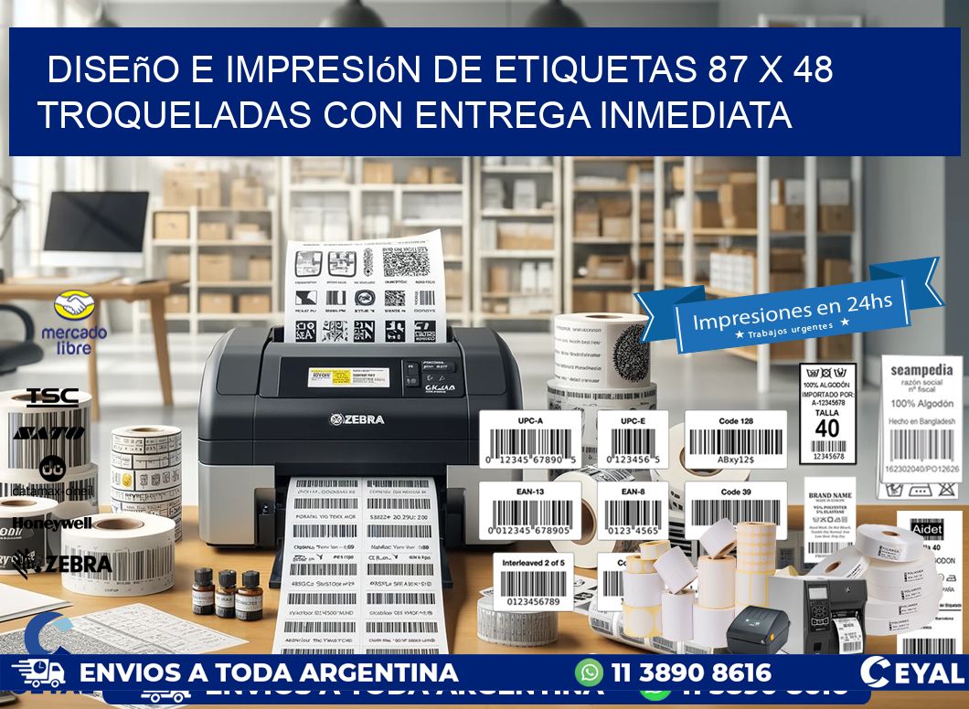 Diseño e impresión de etiquetas 87 x 48 troqueladas con entrega inmediata