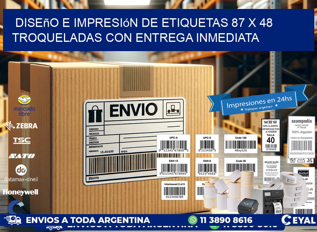 Diseño e impresión de etiquetas 87 x 48 troqueladas con entrega inmediata
