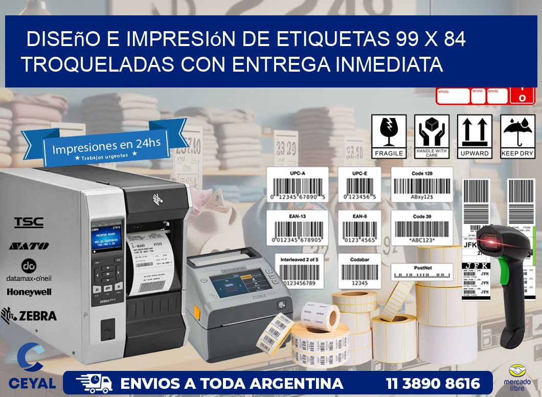 Diseño e impresión de etiquetas 99 x 84 troqueladas con entrega inmediata