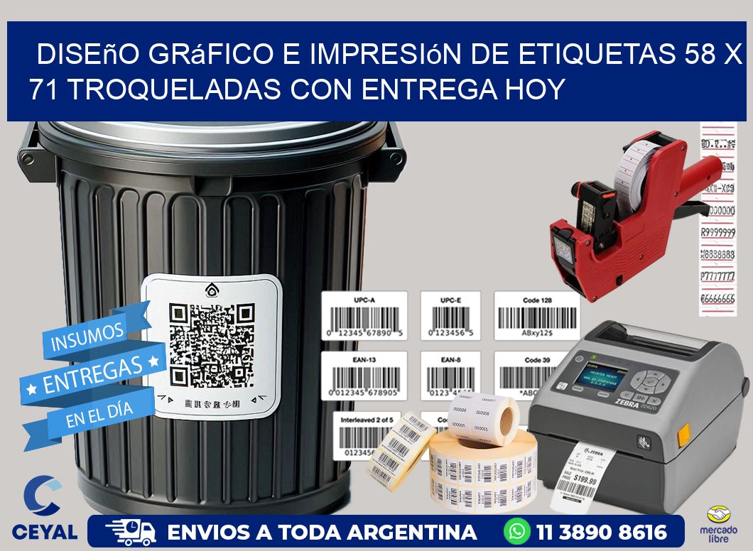 Diseño gráfico e impresión de etiquetas 58 x 71 troqueladas con entrega hoy