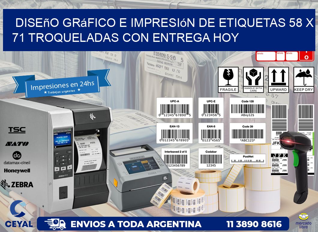 Diseño gráfico e impresión de etiquetas 58 x 71 troqueladas con entrega hoy