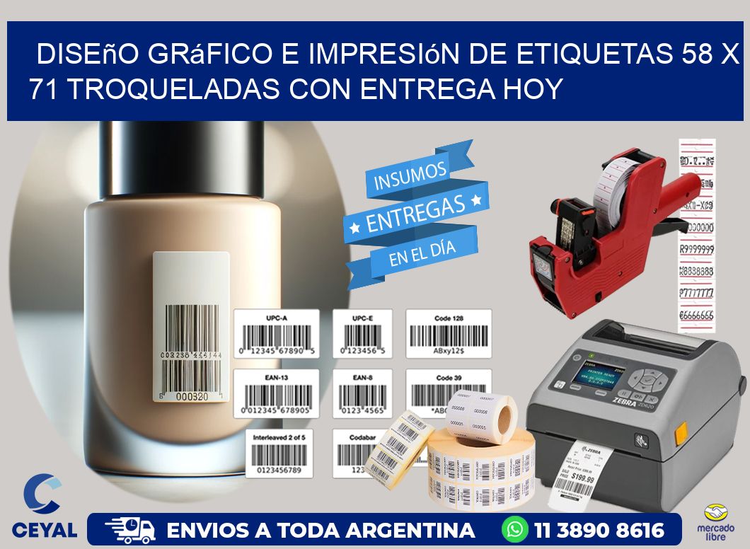 Diseño gráfico e impresión de etiquetas 58 x 71 troqueladas con entrega hoy