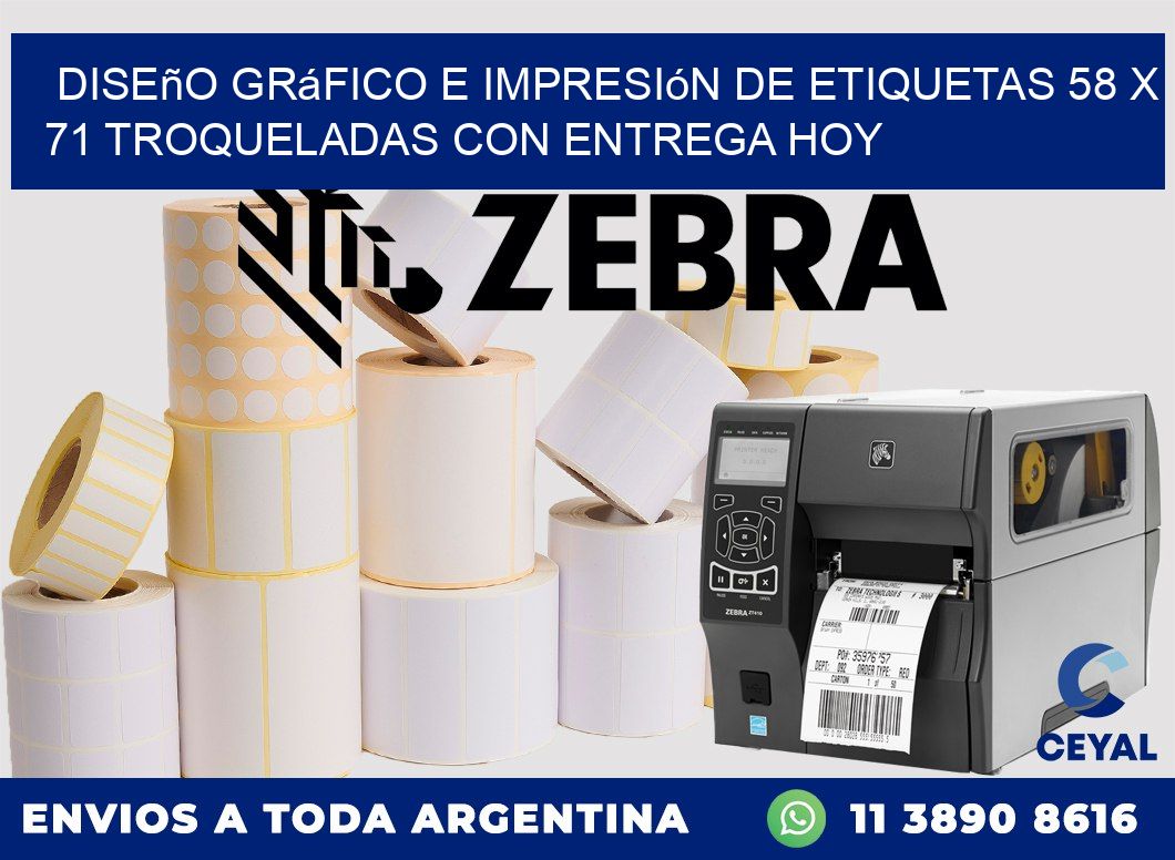 Diseño gráfico e impresión de etiquetas 58 x 71 troqueladas con entrega hoy