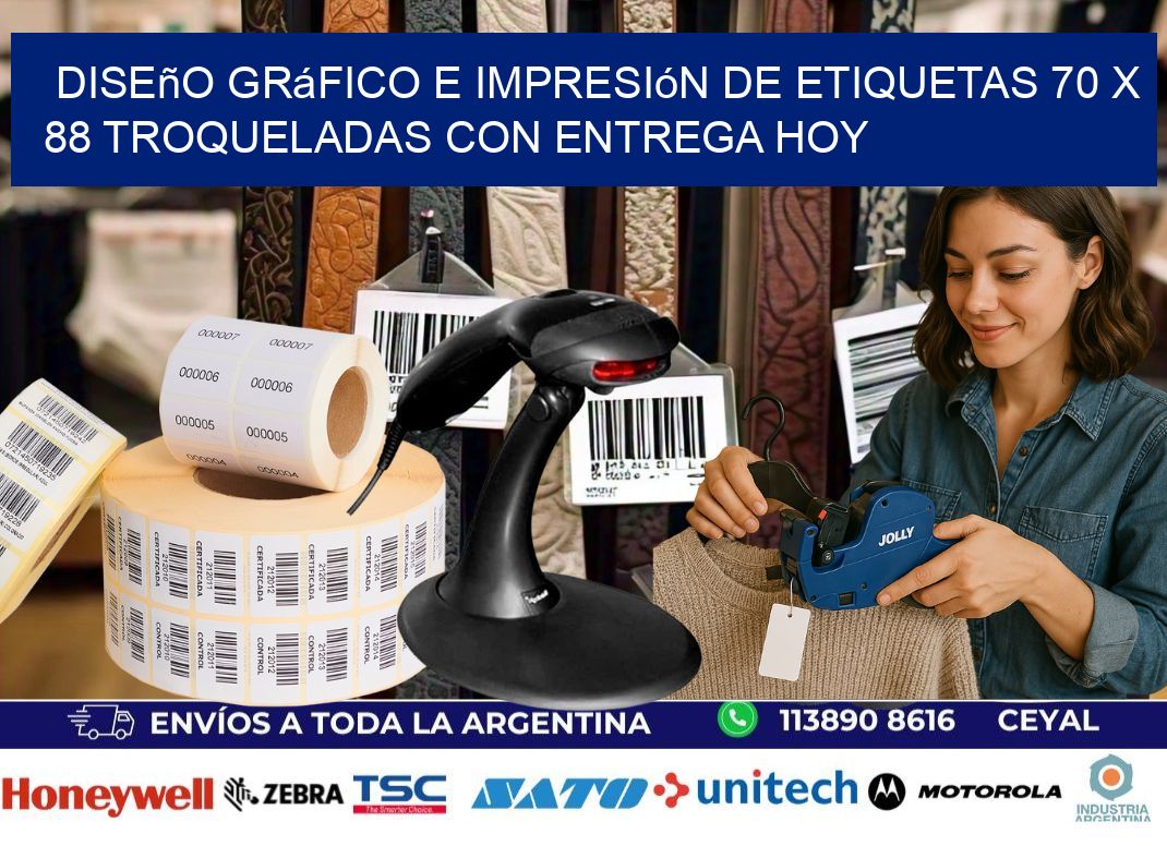 Diseño gráfico e impresión de etiquetas 70 x 88 troqueladas con entrega hoy