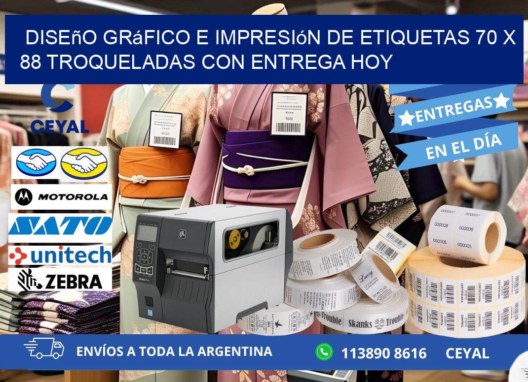 Diseño gráfico e impresión de etiquetas 70 x 88 troqueladas con entrega hoy