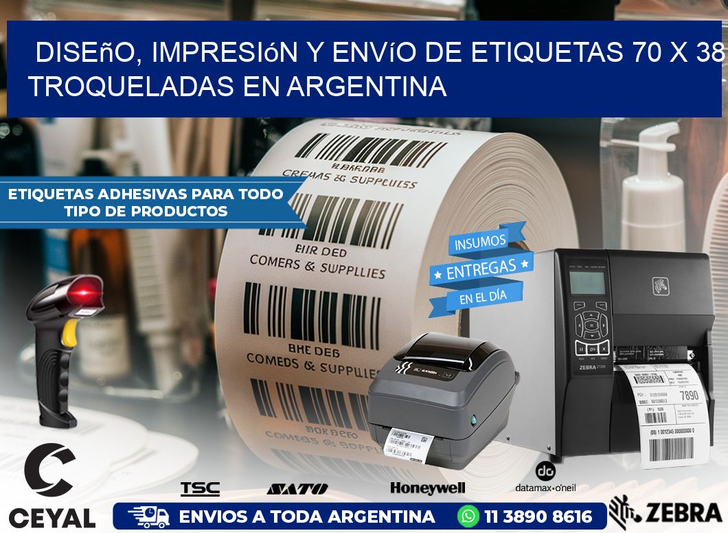 Diseño, impresión y envío de etiquetas 70 x 38 troqueladas en Argentina