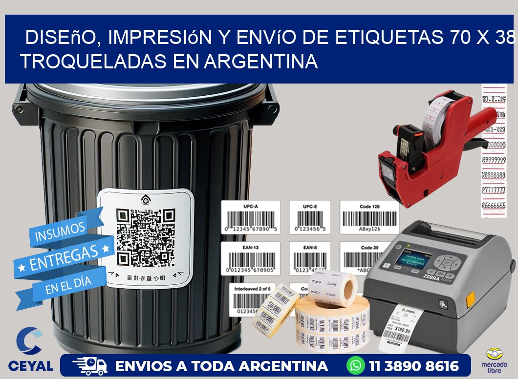 Diseño, impresión y envío de etiquetas 70 x 38 troqueladas en Argentina