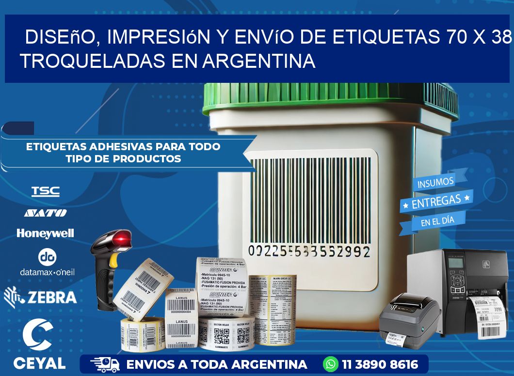 Diseño, impresión y envío de etiquetas 70 x 38 troqueladas en Argentina