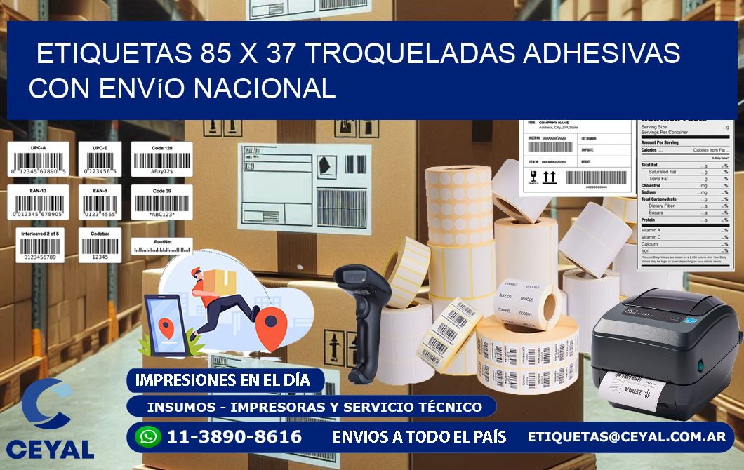 Etiquetas 85 x 37 troqueladas adhesivas con envío nacional
