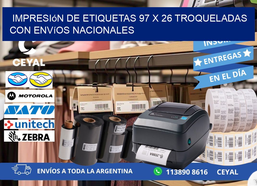 Impresión de etiquetas 97 x 26 troqueladas con envíos nacionales