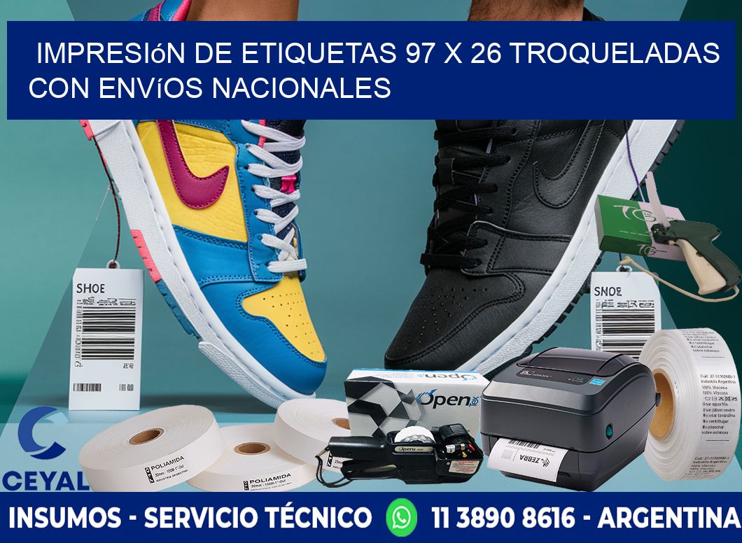 Impresión de etiquetas 97 x 26 troqueladas con envíos nacionales