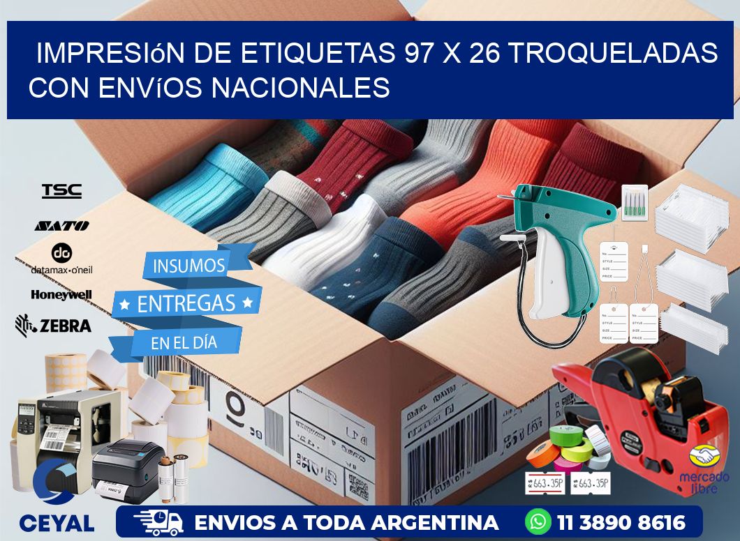 Impresión de etiquetas 97 x 26 troqueladas con envíos nacionales