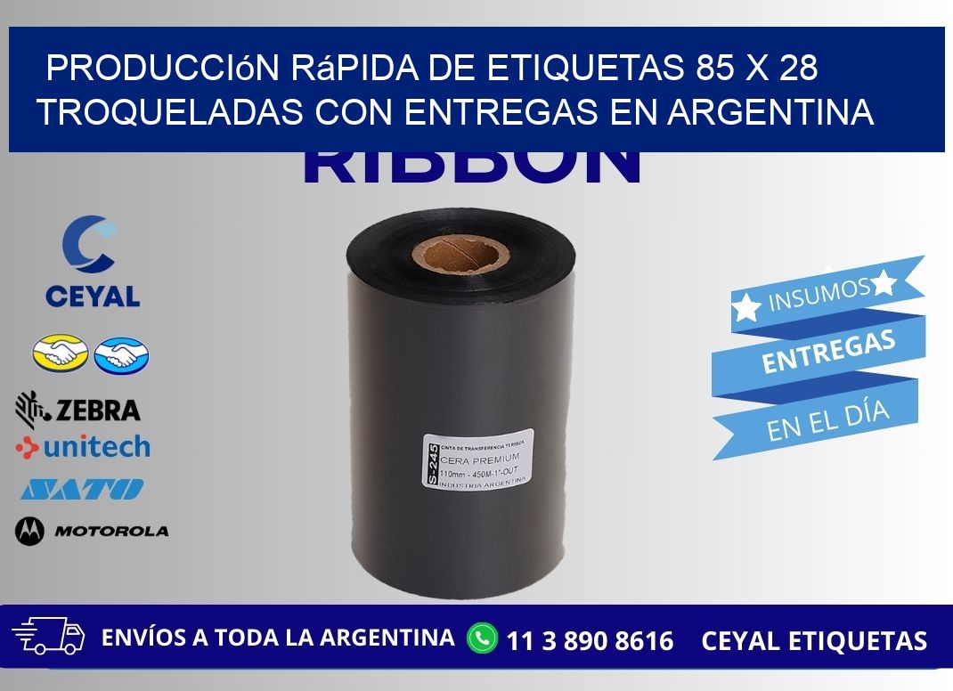 Producción rápida de etiquetas 85 x 28 troqueladas con entregas en Argentina