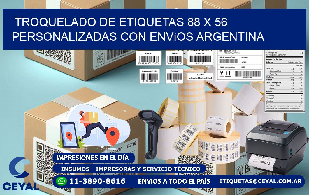 Troquelado de etiquetas 88 x 56 personalizadas con envíos Argentina