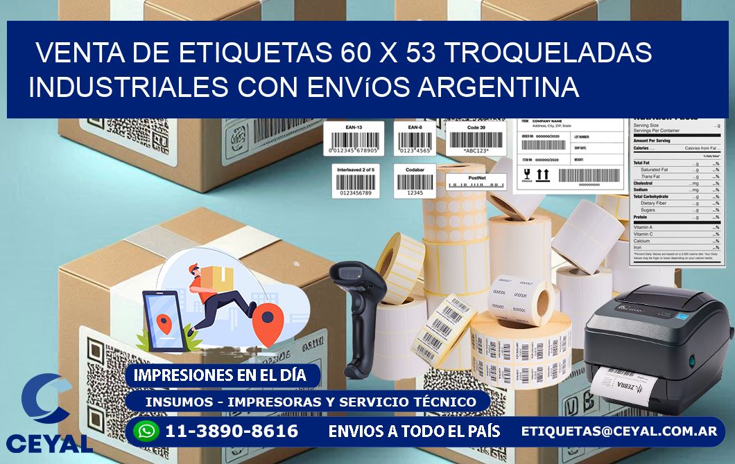 Venta de etiquetas 60 x 53 troqueladas industriales con envíos Argentina
