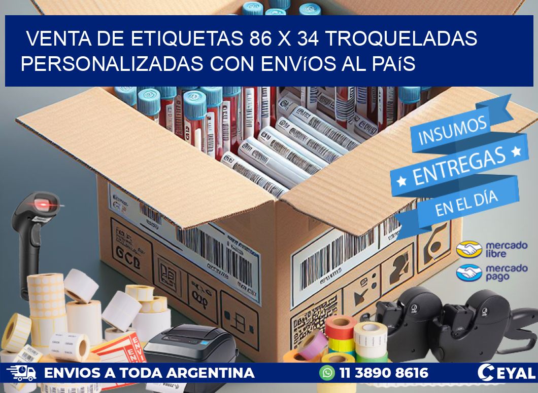 Venta de etiquetas 86 x 34 troqueladas personalizadas con envíos al país